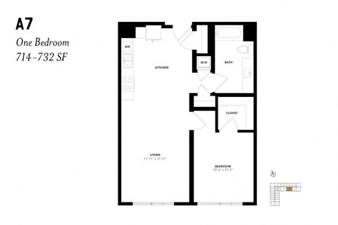 Floor plan for 1 bed, 1 bath, 781 sqft